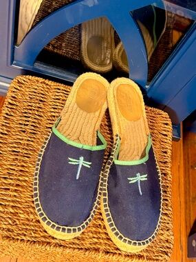 Ladies Navy Blue Slip-On Espadrille Mules with Green Trim